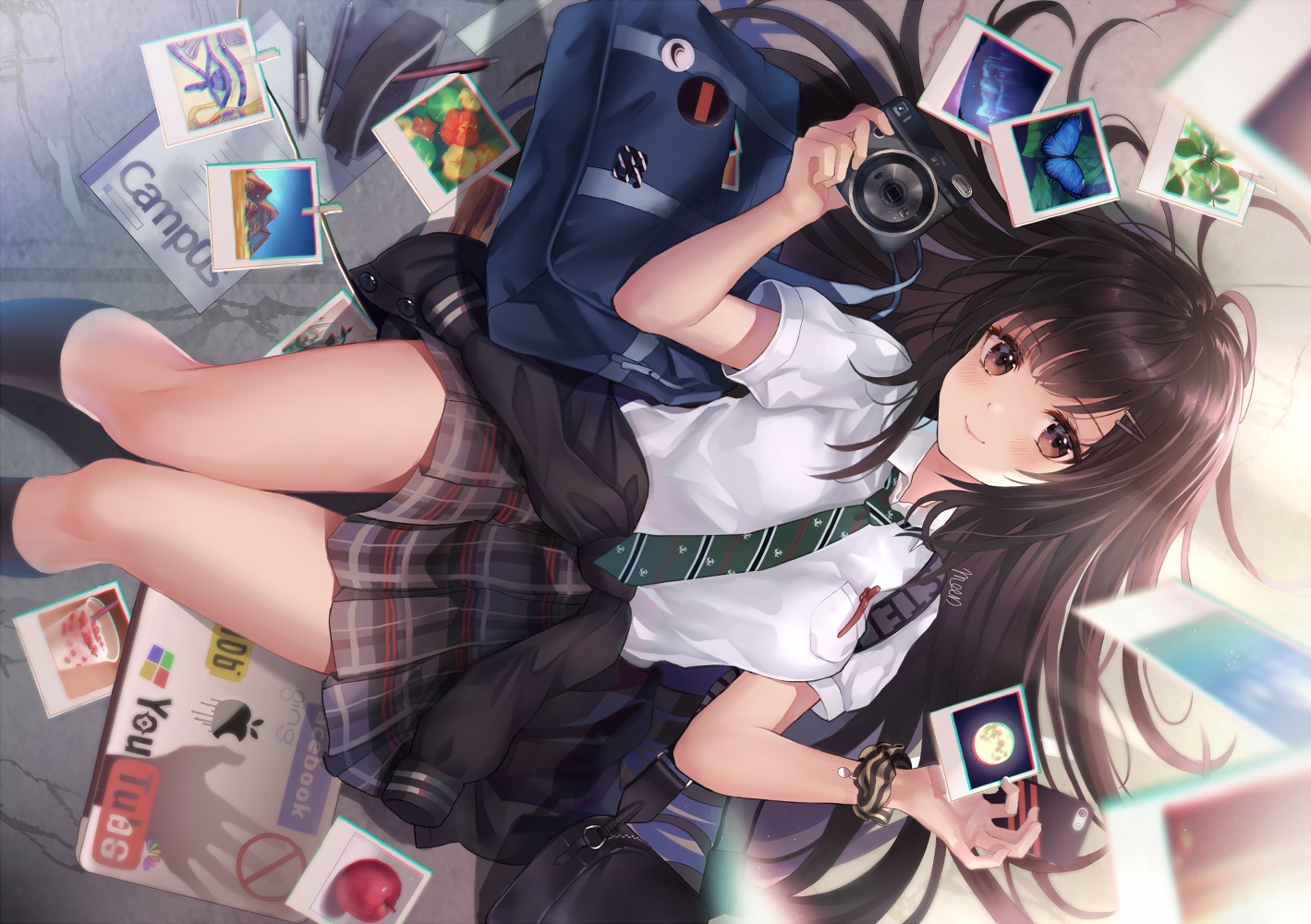 blue_blood_moon, brown_eyes, brown_hair, camera, long_hair, original, school_uniform, signed, skirt, tie
