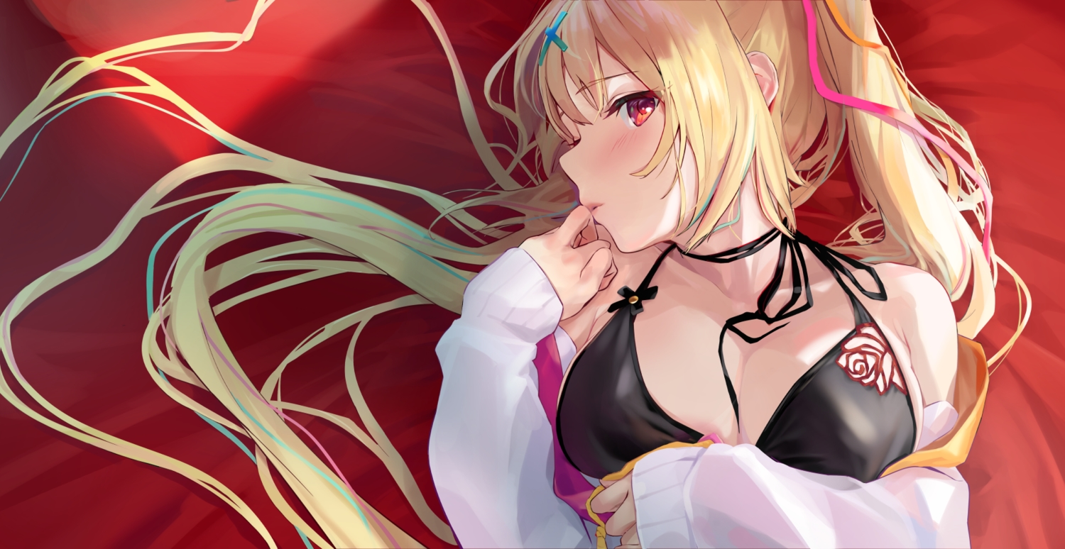 bikini_top, blonde_hair, blush, breast_hold, breasts, cleavage, close, hood, hoshikawa_sara, long_hair, musunde_hiraite_(mh5jta), nijisanji, ponytail, red_eyes