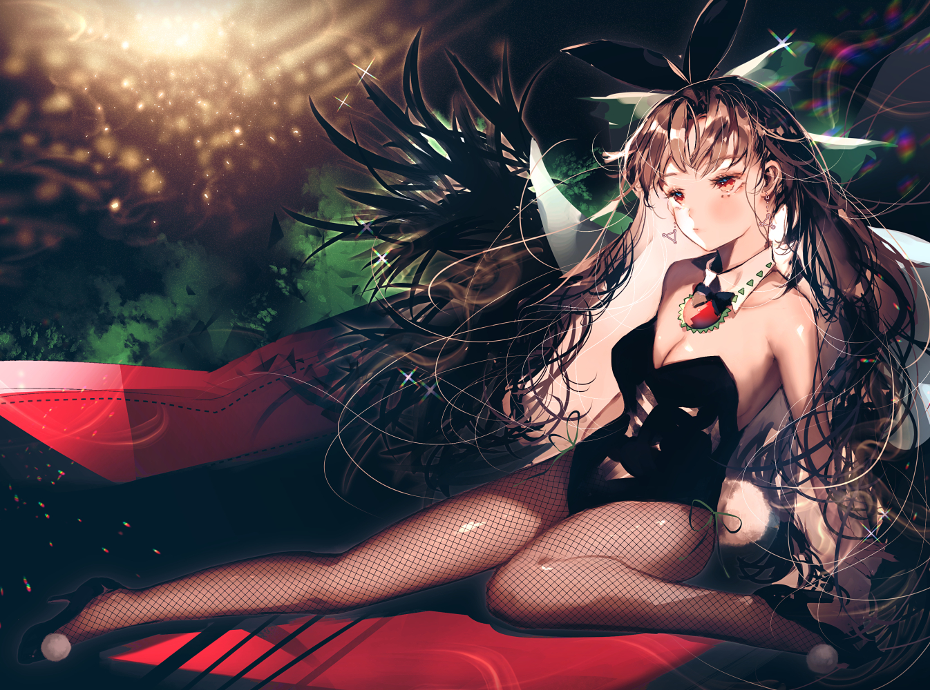 aliasing, animal_ears, black_hair, breasts, bunny_ears, bunnygirl, cleavage, leotard