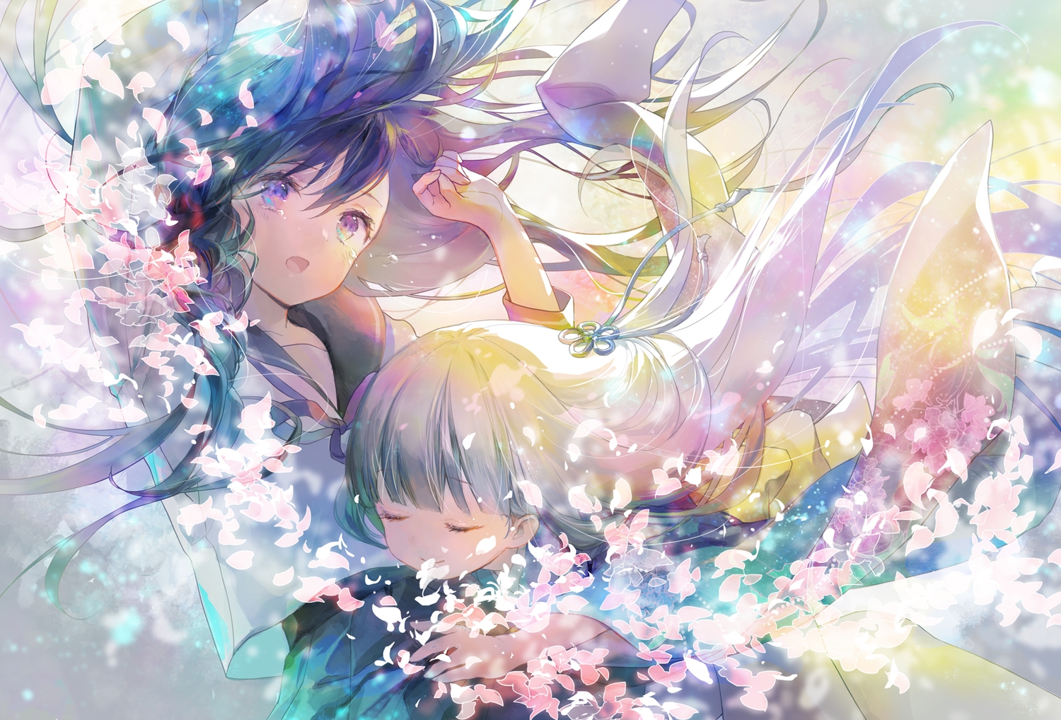 2girls, 888myrrh888, flowers, hug, japanese_clothes, kimono, long_hair, original