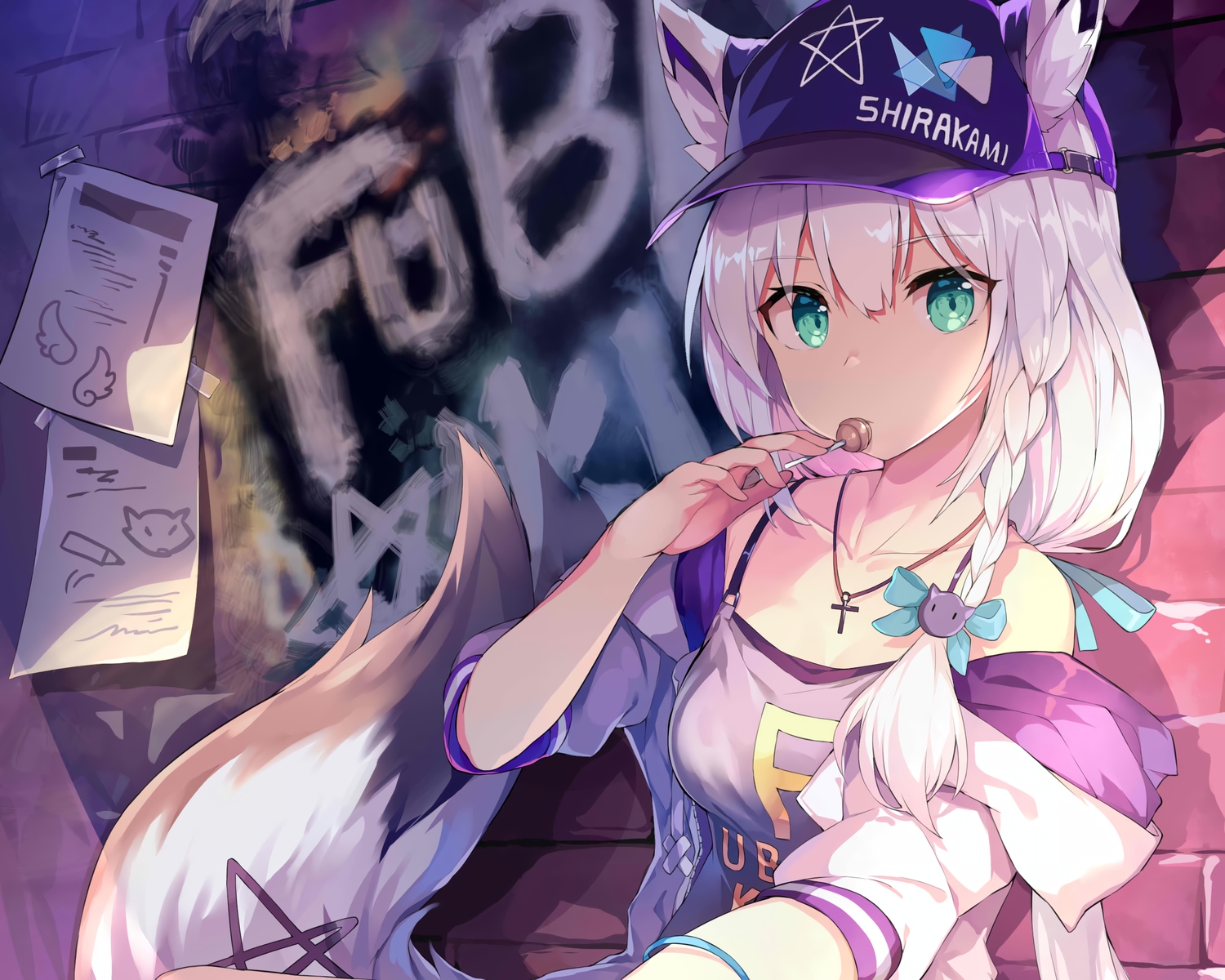 animal_ears, braids, candy, cropped, cross, foxgirl, graffiti, green_eyes, hololive, hood, lollipop, long_hair, necklace, paper, shirakami_fubuki, tail, wawazi, white_hair