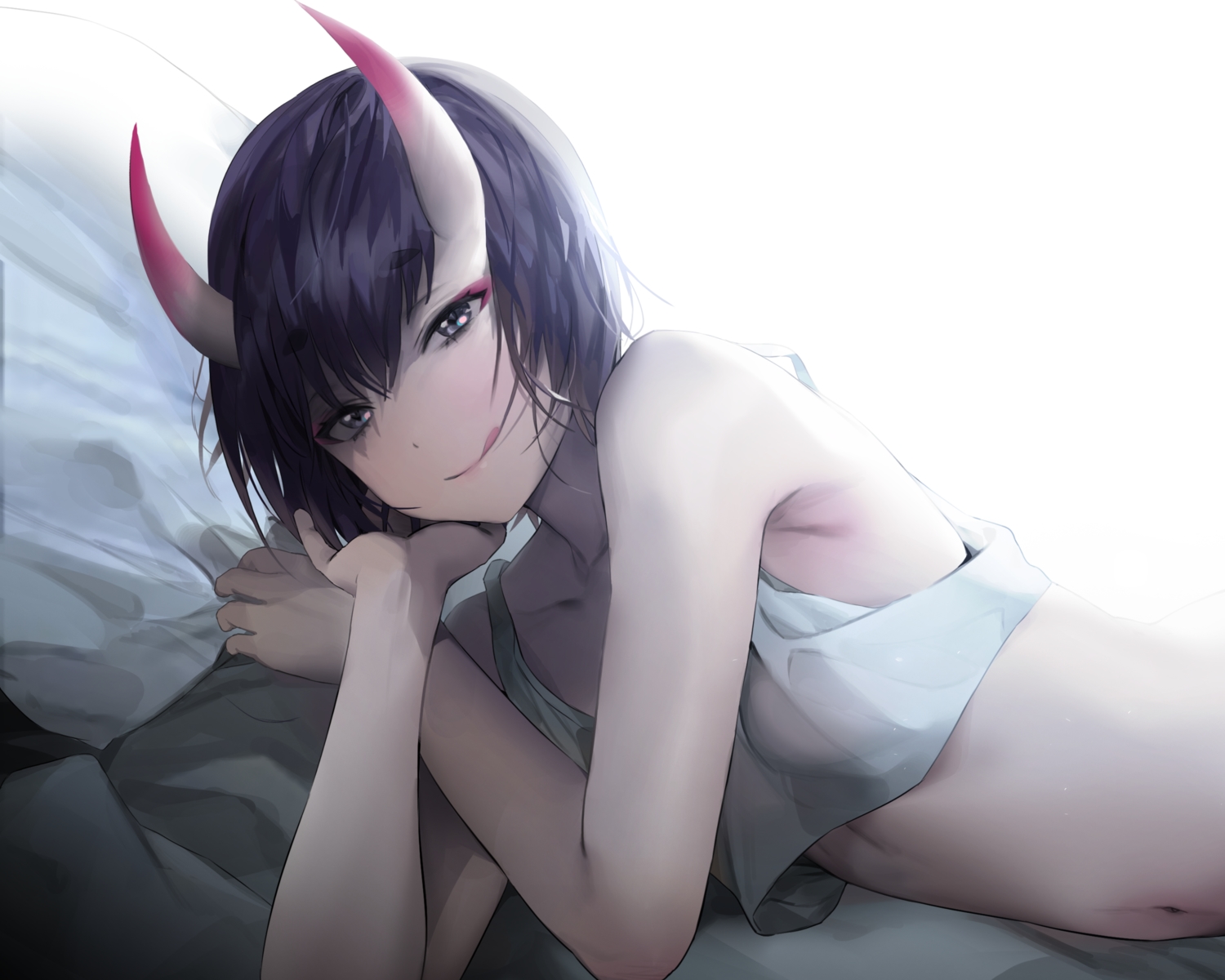 bed, close, demon, fate/grand_order, fate_(series), horns, navel, purple_eyes