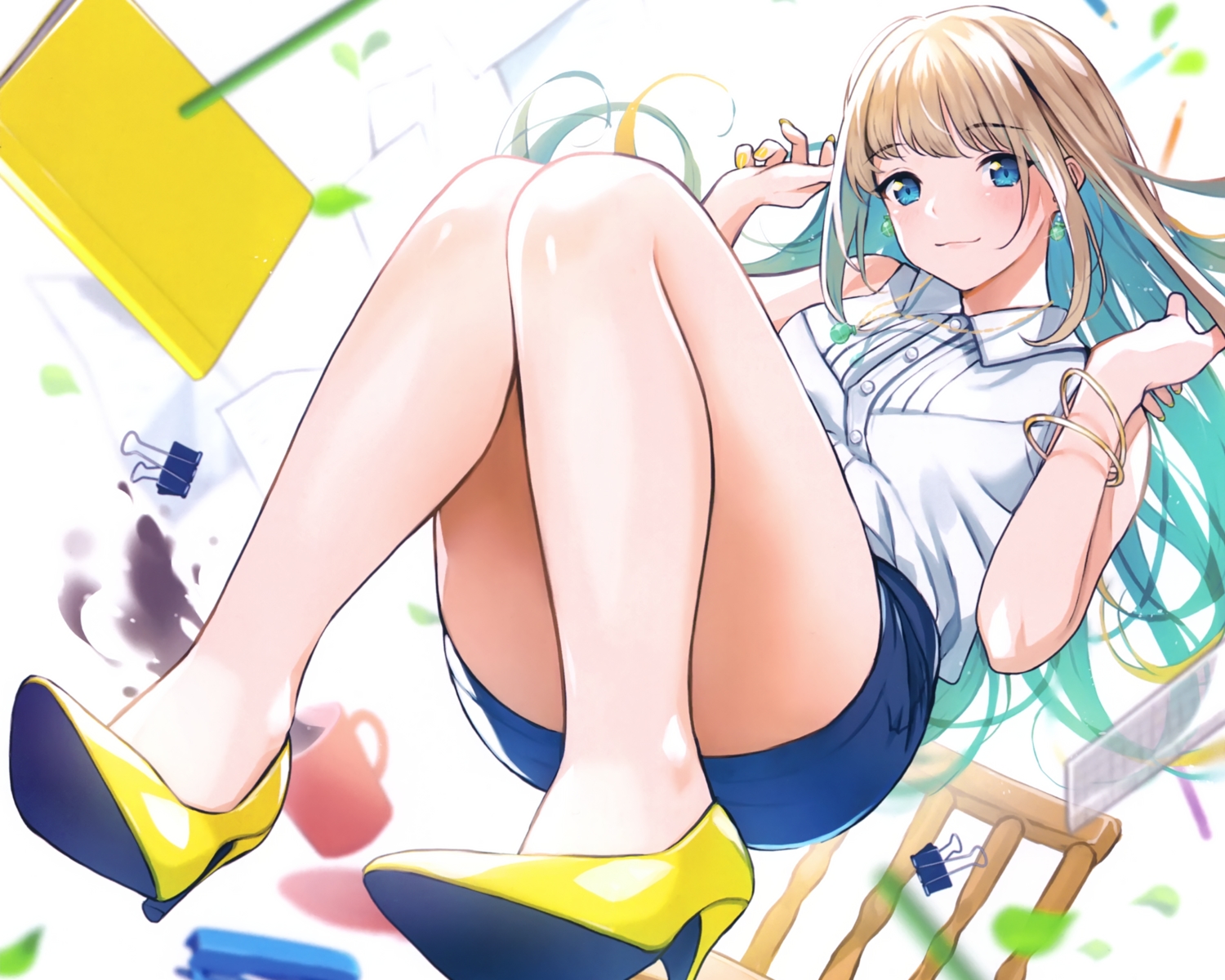 blonde_hair, blue_eyes, book, cropped, doushimasho, long_hair, necklace, scan