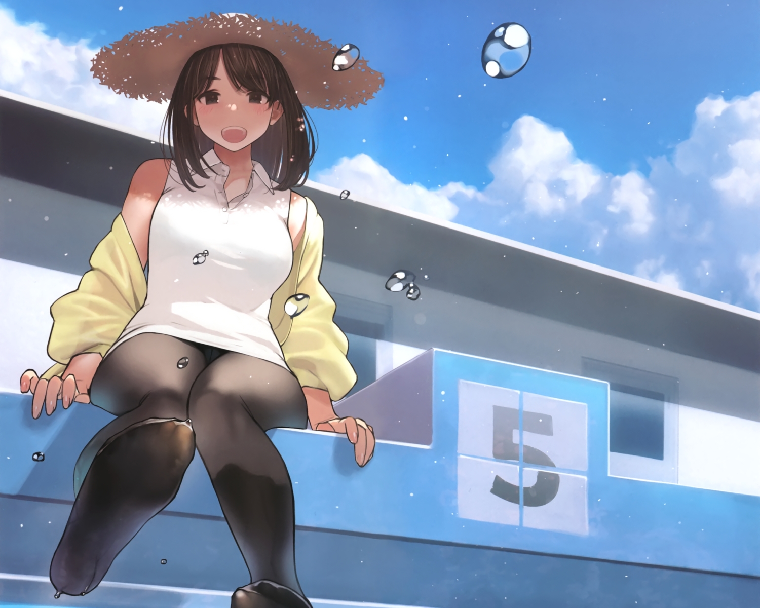 blush, brown_eyes, brown_hair, building, clouds, cropped, hat, pantyhose
