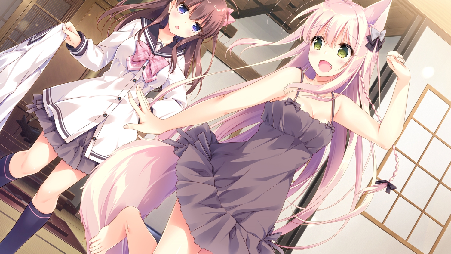 2girls, animal_ears, game_cg, kagaya_kana, kemono_musume_no_sodatekata, motomiya_mitsuki, sakuraba_iroha, sweet&tea, tail, wolfgirl