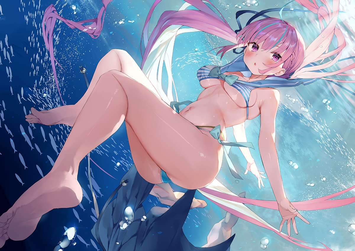 animal, ass, barefoot, bikini, blush, breasts, bubbles, fish, gaou_(umaiyo_puyoman), hololive, long_hair, minato_aqua, purple_eyes, purple_hair, swimsuit, twintails, underboob, underwater, water