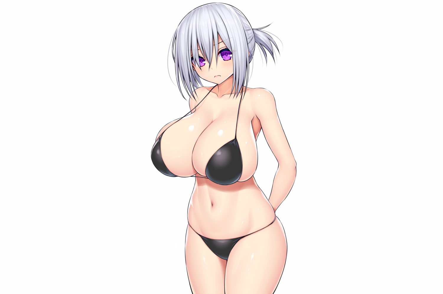 asamura_hiori, bikini, blush, breasts, cleavage, gray_hair, original, ponytail