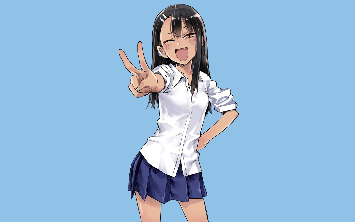 774_(nanashi), black_hair, blue, blush, brown_eyes, fang, ijiranaide_nagatoro-san, long_hair, nagatoro_hayase, school_uniform, shirt, skirt, wink