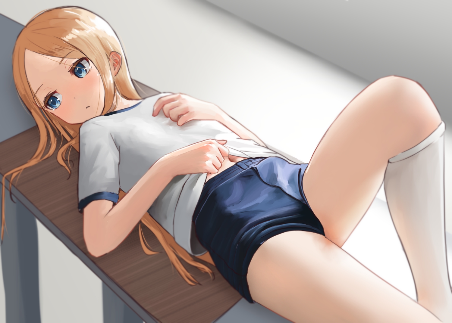 abigail_williams_(fate/grand_order), blonde_hair, blue_eyes, fate/grand_order, fate_(series), flat_chest, gym_uniform, kneehighs, kopaka_(karda_nui), loli, long_hair, shorts, tears