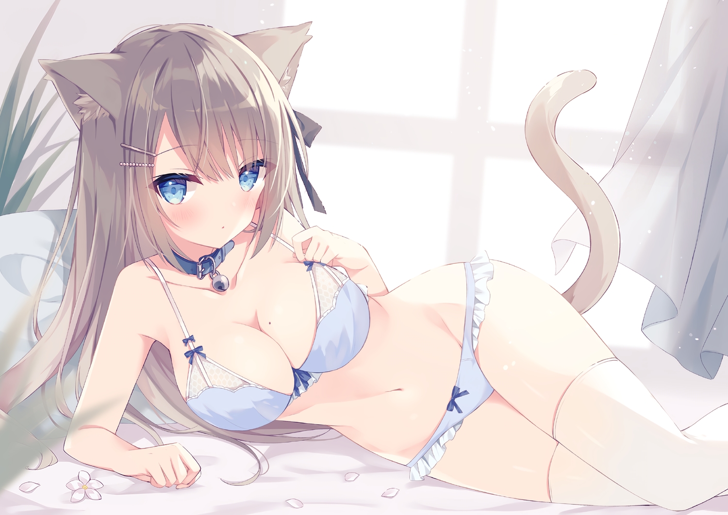 animal_ears, bed, blue_eyes, blush, bow, bra, breasts, brown_hair, catgirl, cleavage, collar, flowers, hoshi_(snacherubi), long_hair, navel, original, panties, ribbons, scan, tail, thighhighs, third-party_edit, underwear