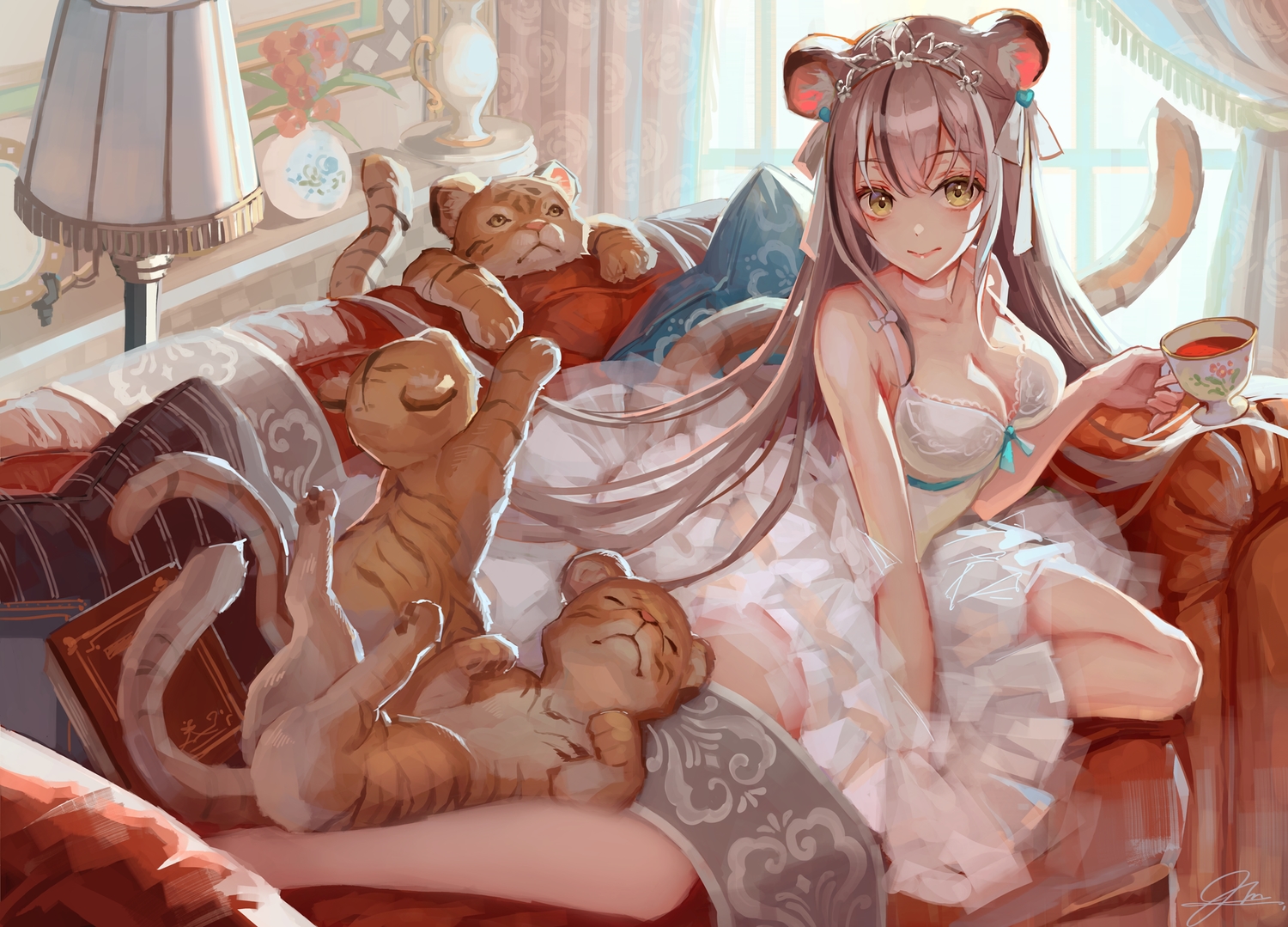 animal, animal_ears, breasts, catgirl, cleavage, couch, dress, drink