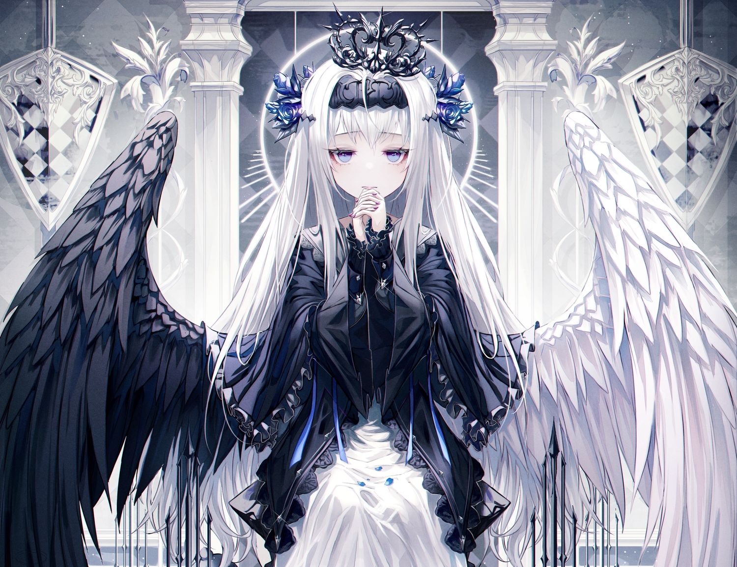 aqua_eyes, cropped, goth-loli, lolita_fashion, long_hair, okazu_(eightstudio), original, polychromatic, white_hair, wings