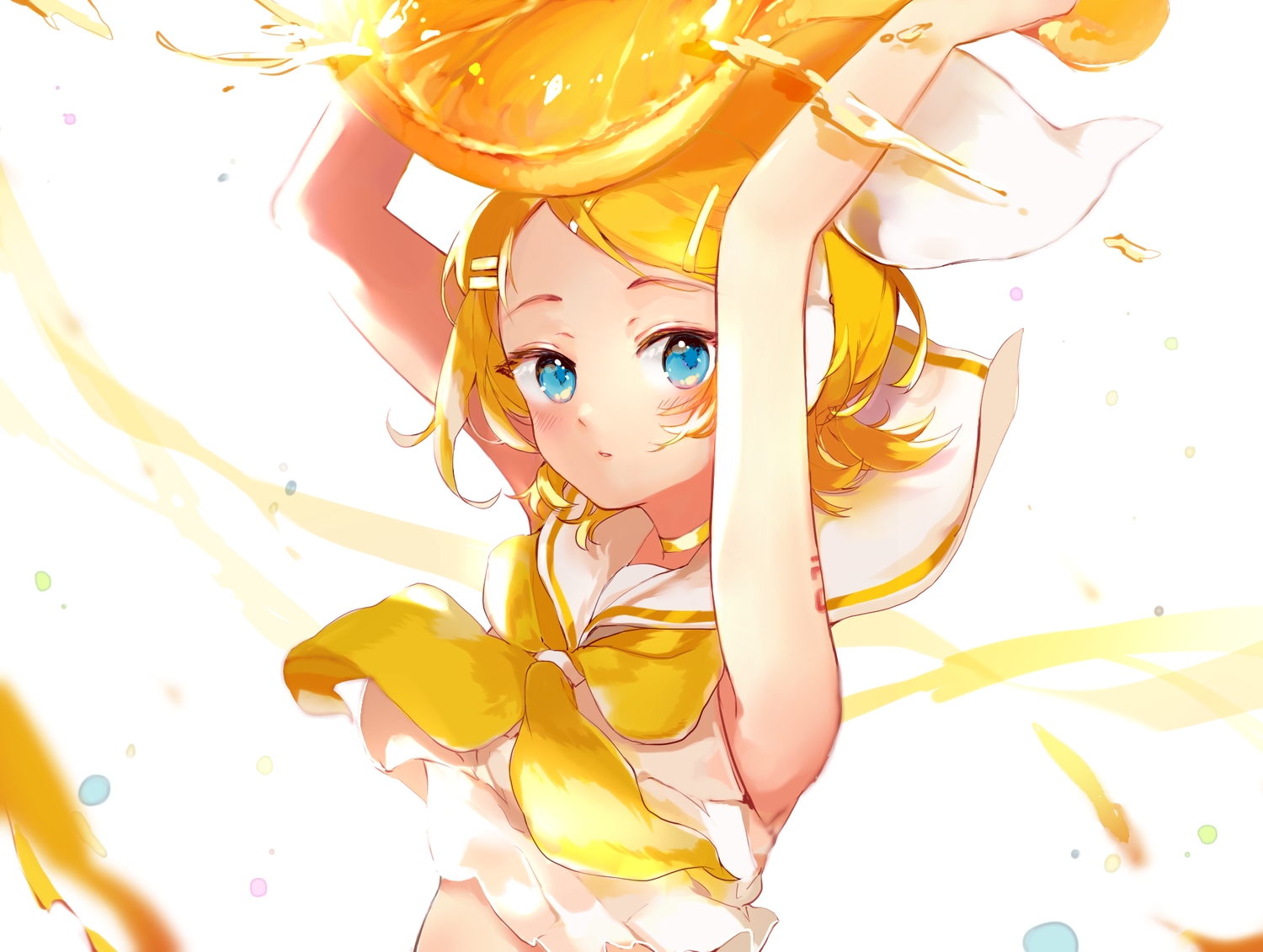 blonde_hair, blue_eyes, blush, choker, close, food, fruit, kagamine_rin, orange_(fruit), oyamada_gamata, school_uniform, short_hair, tattoo, vocaloid
