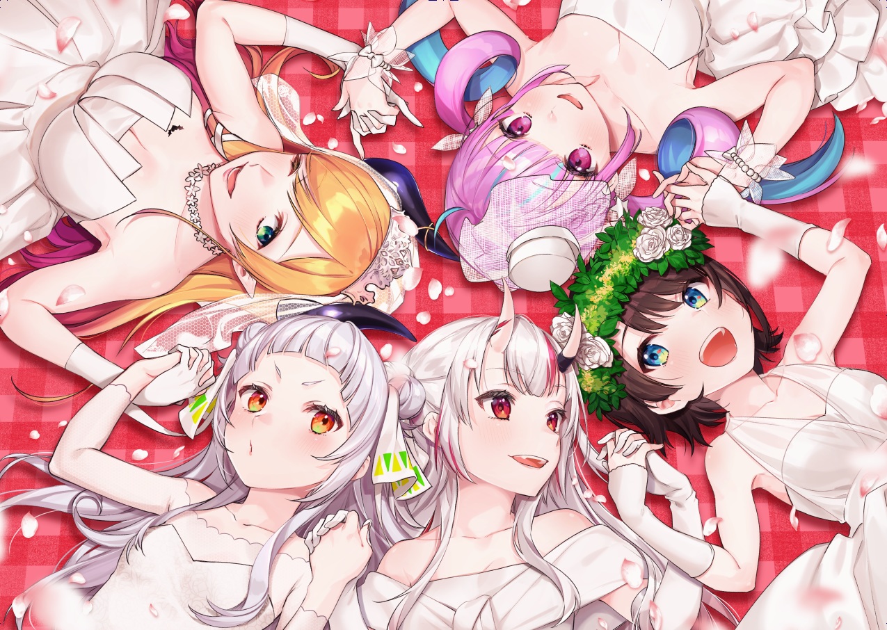 aqua_eyes, blush, breasts, brown_hair, cleavage, demon, dress, elbow_gloves, fang, gloves, gray_hair, green_eyes, group, headdress, hololive, horns, minato_aqua, murasaki_shion, nakiri_ayame, necklace, nokachoco114, oozora_subaru, orange_eyes, orange_hair, petals, pointed_ears, purple_eyes, purple_hair, red_eyes, short_hair, tattoo, twintails, wink, wristwear, yuzuki_choco