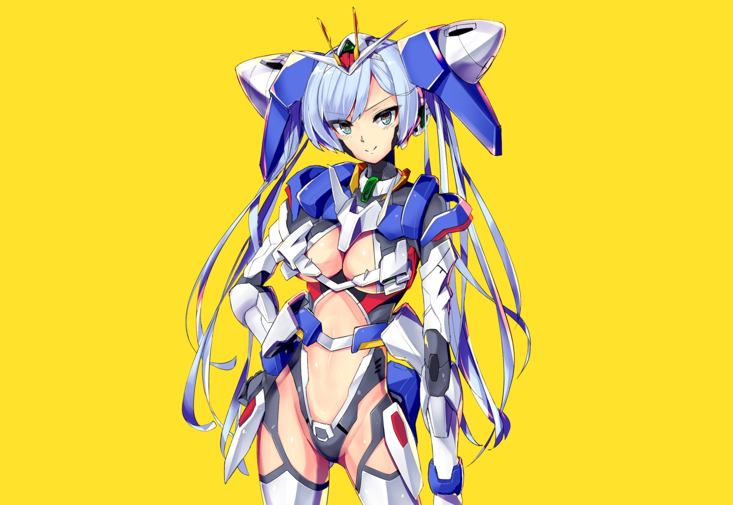 anthropomorphism, aqua_eyes, armor, blue_hair, blush, bodysuit, breasts, cleavage, headdress, i.takashi, long_hair, mobile_suit_gundam, mobile_suit_gundam_00, thighhighs, twintails, yellow