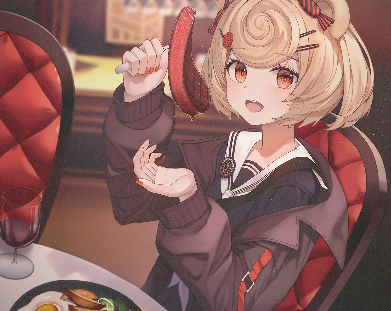 animal_ears, arknights, blonde_hair, blush, cropped, drink, food, gummy_(arknights), hb_(qwqw1697), orange_eyes, school_uniform, short_hair