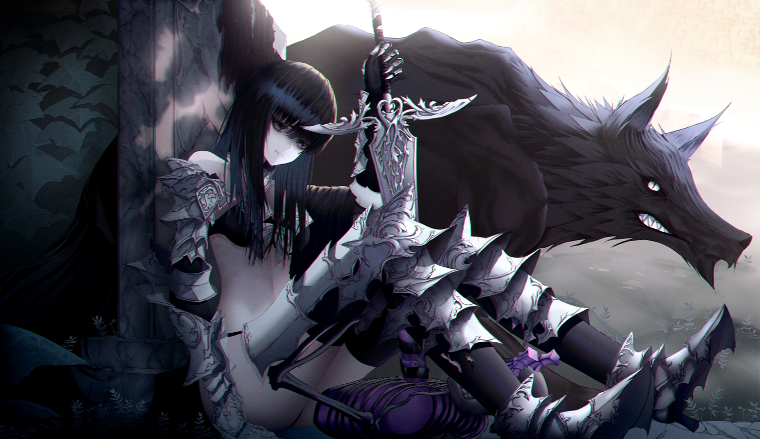 animal, armor, bikini, black_eyes, black_hair, kmj8645885, long_hair, original