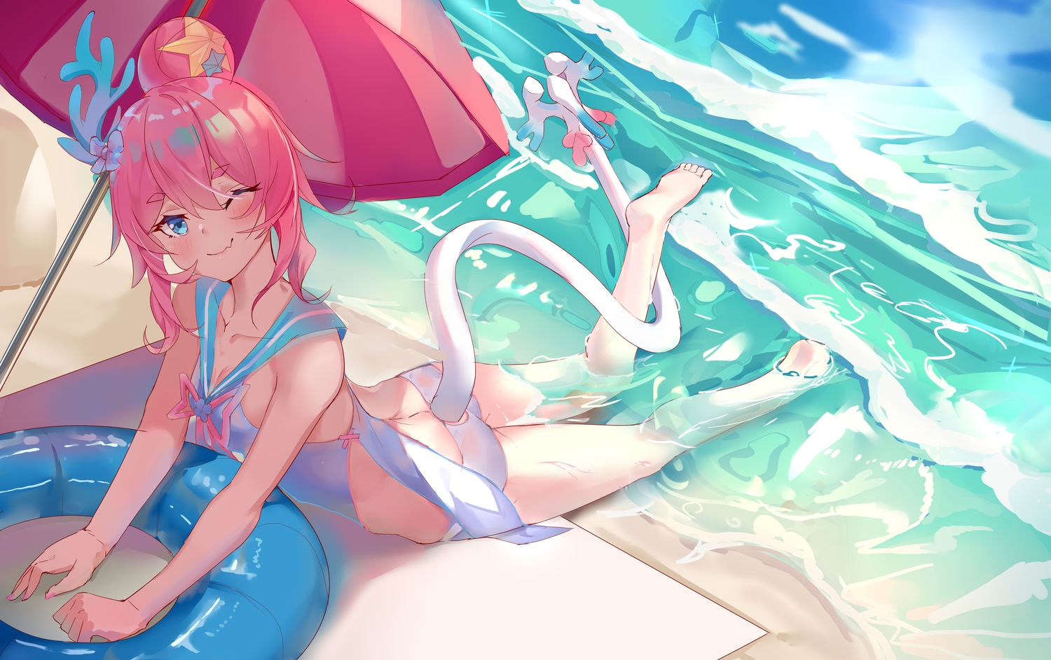 aqua_eyes, beach, blush, fang, honkai_impact, honkai_(series), pink_hair, rozaliya_olenyeva