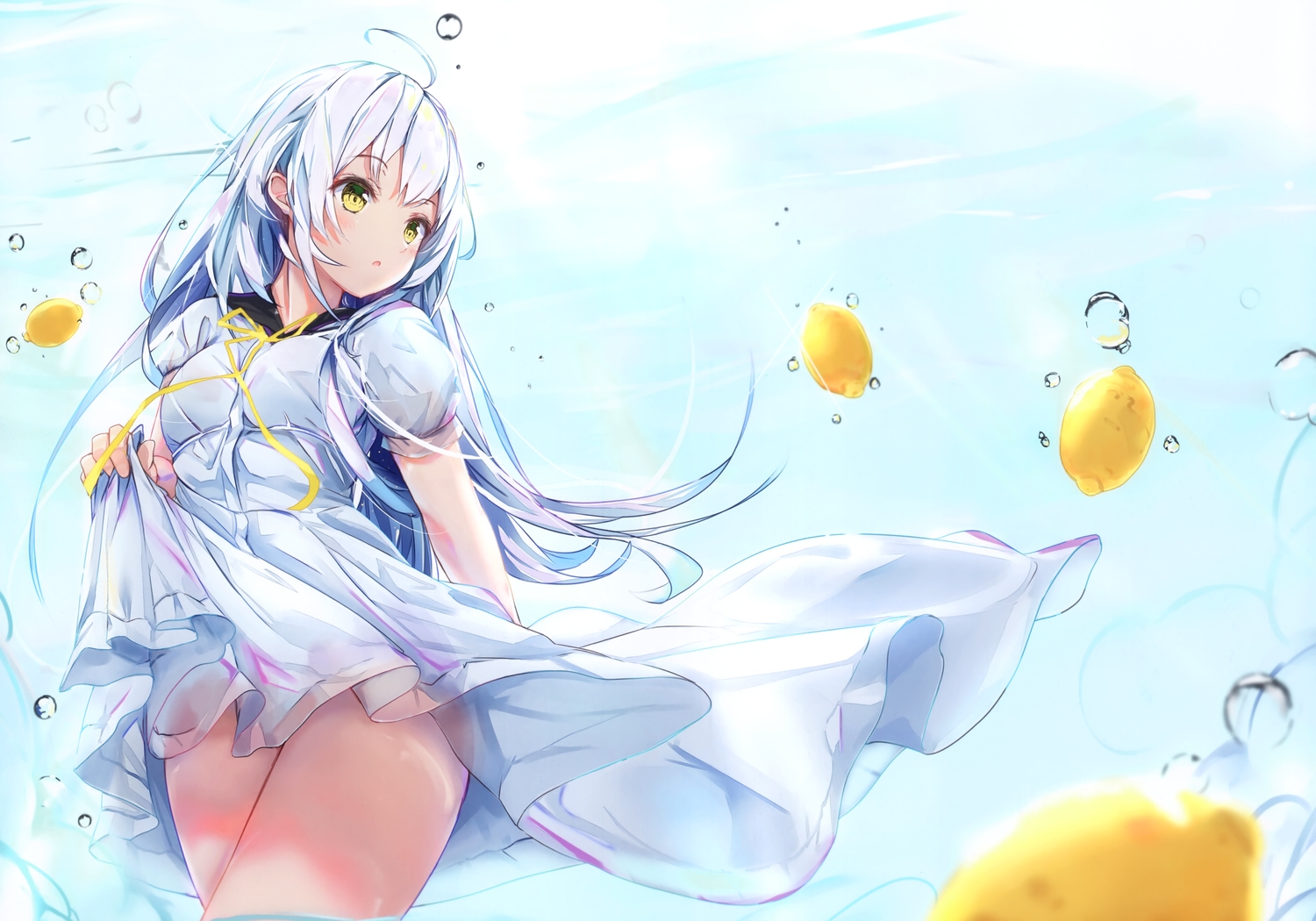 blue_hair, blush, bubbles, dress, food, fruit, long_hair, na_kyo, original, scan, school_uniform, summer_dress, underwater, water, yellow_eyes