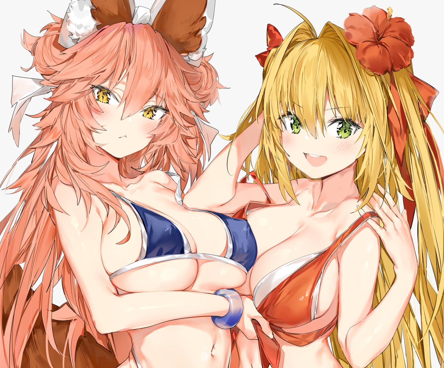 2girls, animal_ears, bikini, blonde_hair, blush, bow, breast_hold, breasts