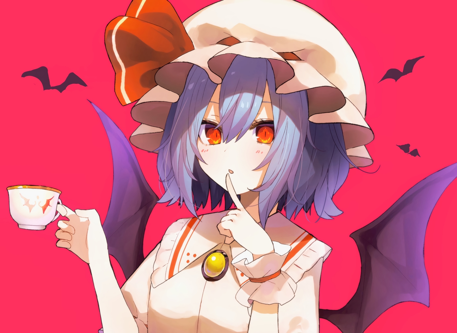 animal, bat, blue_hair, blush, close, drink, hat, ikasoba, red, red_eyes, remilia_scarlet, short_hair, touhou, vampire, wings, wristwear
