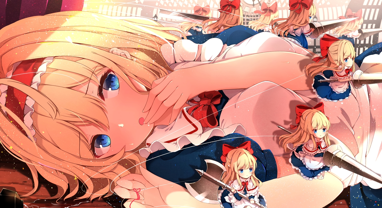 alice_margatroid, apron, aqua_eyes, blonde_hair, bow, headband, hunya, mage