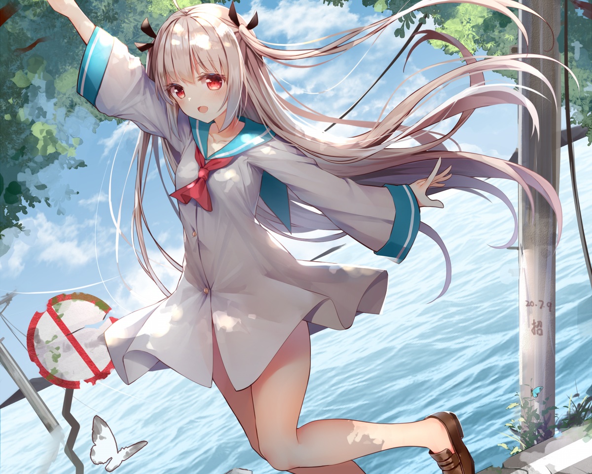animal, atri_(atri_-my_dear_moments-), atri_-my_dear_moments-, butterfly, clouds, cropped, long_hairwater, red_eyes, school_uniform, white_hair, zhao_(pixiv12947327)