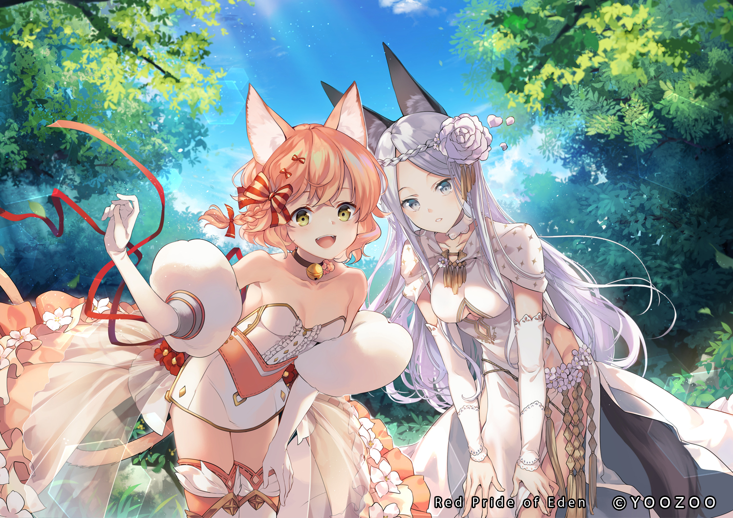 2girls, animal_ears, april_(red:_pride_of_eden), braids, dress, grass, long_hair, olivia_(red:_pride_of_eden), red:_pride_of_eden, shinia, short_hair