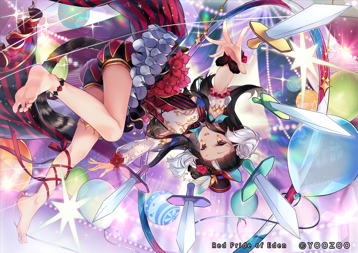 ball, barefoot, brown_hair, conchita_(red:_pride_of_eden), dress, red:_pride_of_eden, shinia, weapon