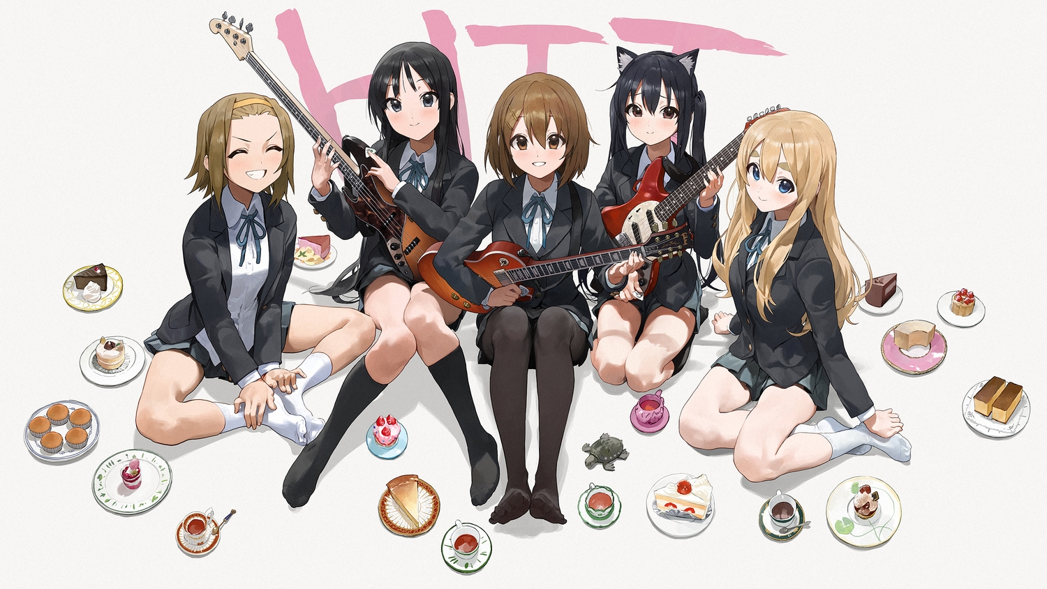 akiyama_mio, animal_ears, black_hair, blonde_hair, blue_eyes, brown_eyes, brown_hair, cake