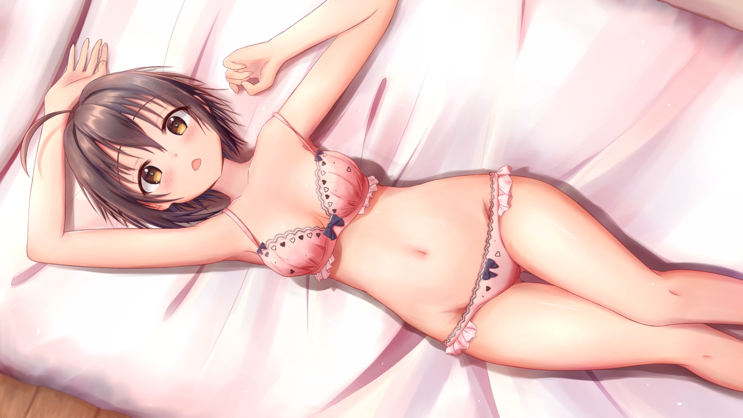 bed, bra, brown_eyes, brown_hair, idolmaster, idolmaster_cinderella_girls, kohinata_miho, masuku_(saint_mask)