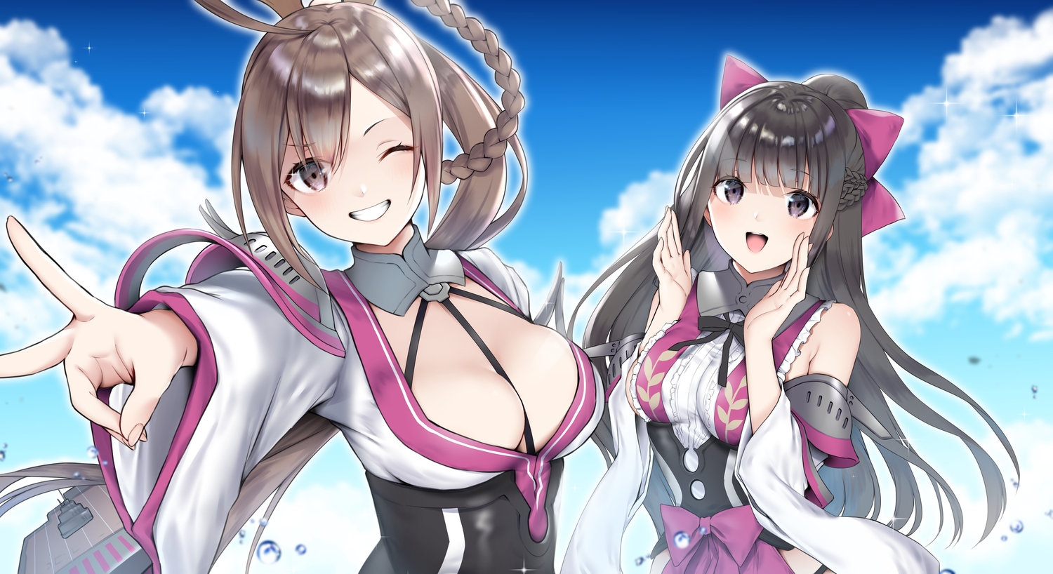 2girls, anthropomorphism, blue_oath, breasts, buta_tamako, cleavage, close, clouds