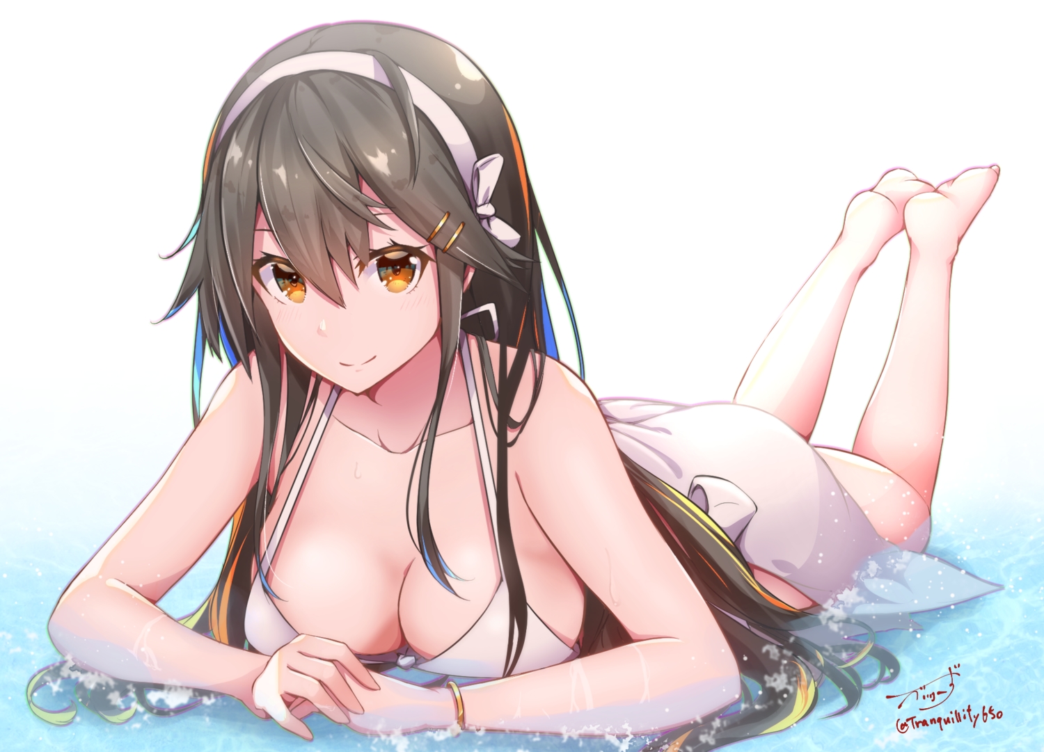 anthropomorphism, baileys_(tranquillity650), barefoot, brown_hair, dress, haruna_(kancolle), headband, kantai_collection, long_hair, signed, summer_dress, water