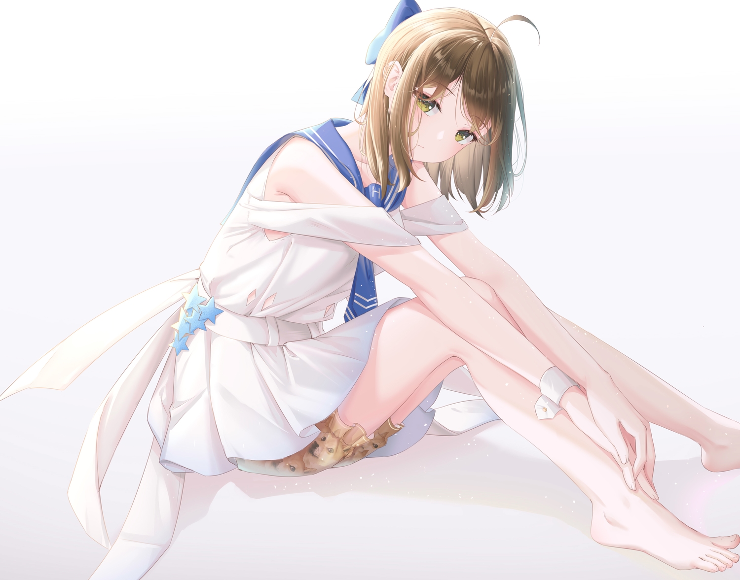 amaroku_neko, barefoot, bloomers, bow, brown_hair, dress, green_eyes, hanser, school_uniform, short_hair, wristwear