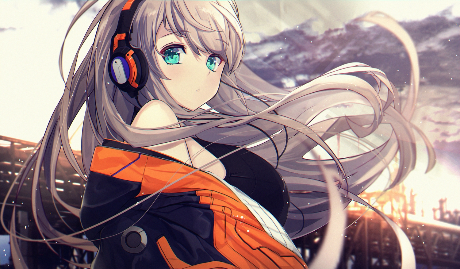 close, gray_hair, green_eyes, headphones, long_hair, original, untue