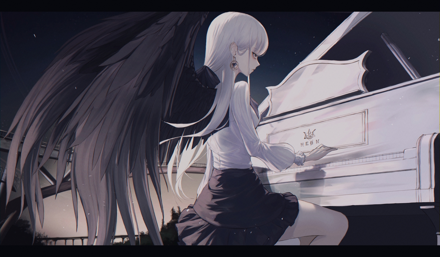 gothic, instrument, long_hair, neon_(pixiv_31150749), original, piano, shirt, skirt