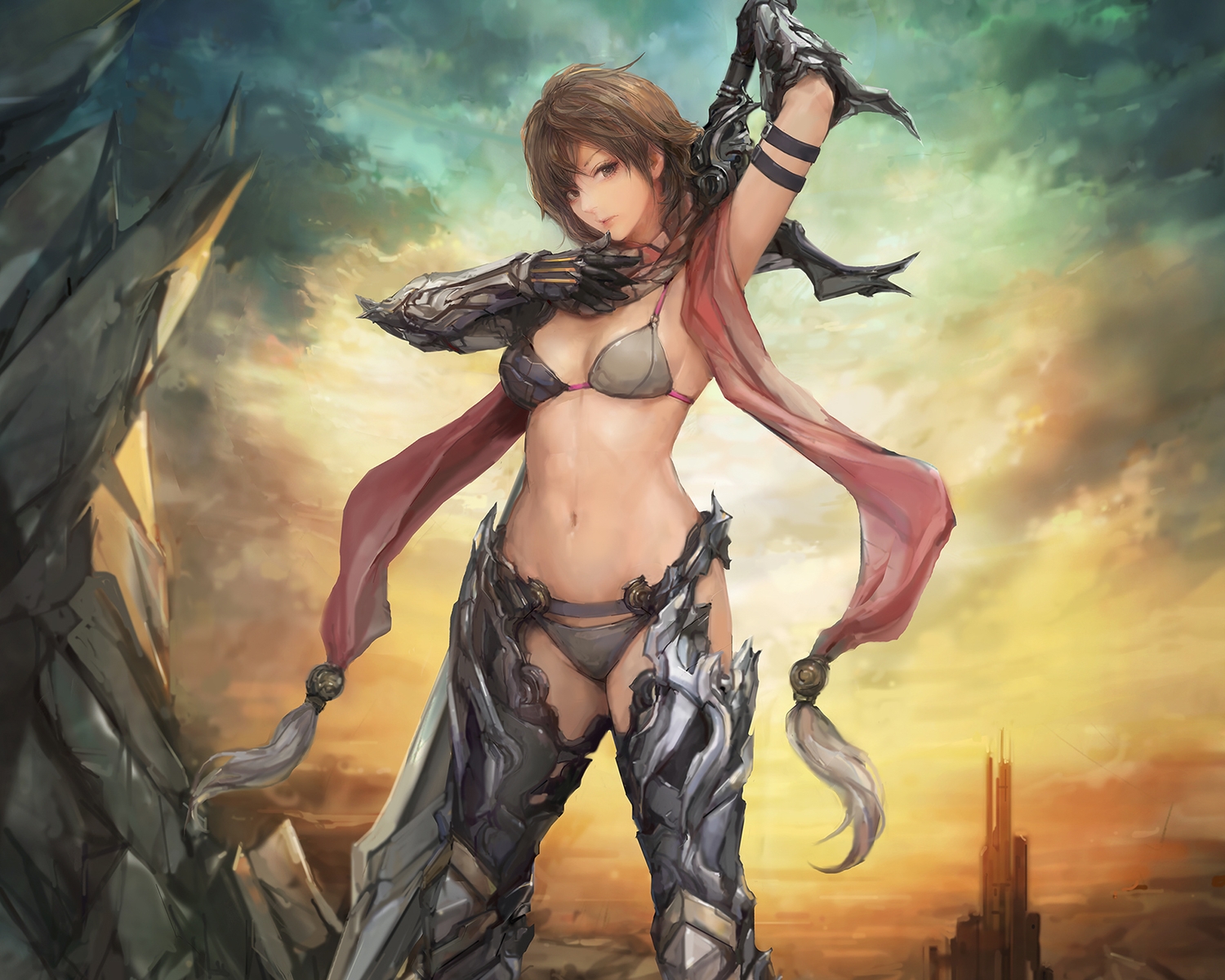 armor, bikini, breasts, brown_eyes, brown_hair, cleavage, clouds, cropped