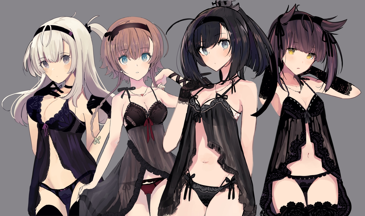 akizuki_(kancolle), anthropomorphism, aqua_eyes, black_hair, blue_eyes, blush, bow, braids, breast_hold, breasts, brown_hair, choker, cleavage, edel_(edelcat), gray, gray_eyes, gray_hair, group, hatsuzuki_(kancolle), headband, kantai_collection, long_hair, necklace, panties, ponytail, ribbons, see_through, suzutsuki_(kancolle), teruzuki_(kancolle), thighhighs, underwear, wristwear, yellow_eyes