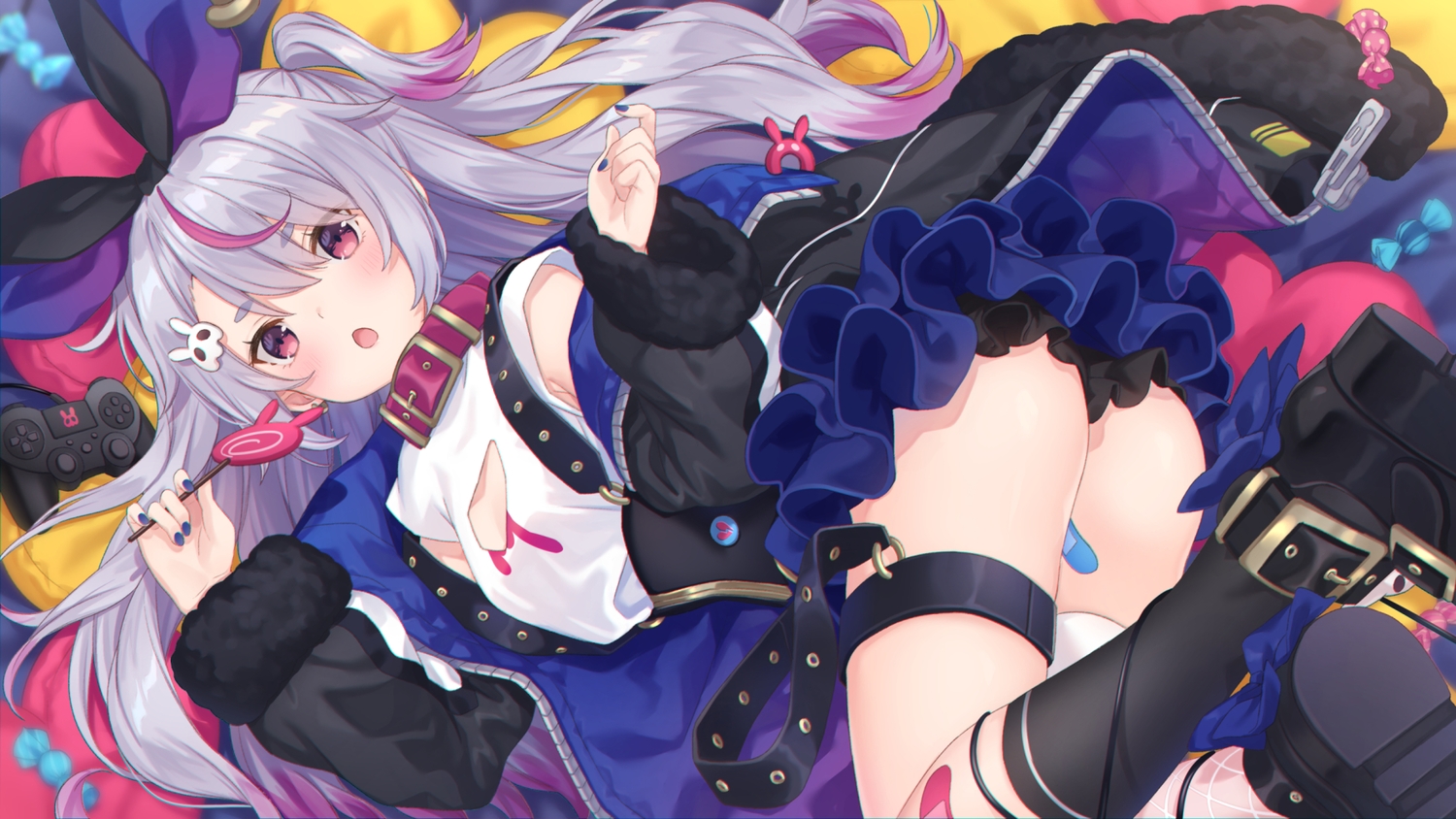 ass, bandaid, blush, candy, collar, game_console, garter, gray_hair