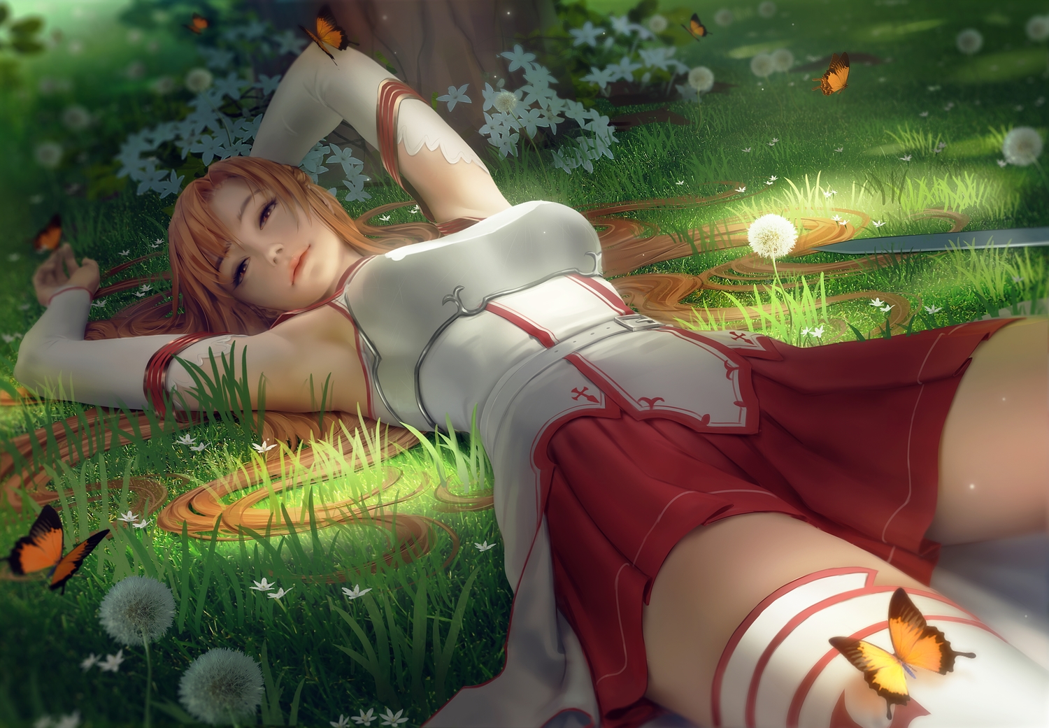 butterfly, flowers, grass, green, long_hair, realistic, sword_art_online, thighhighs, yuuki_asuna, zarory