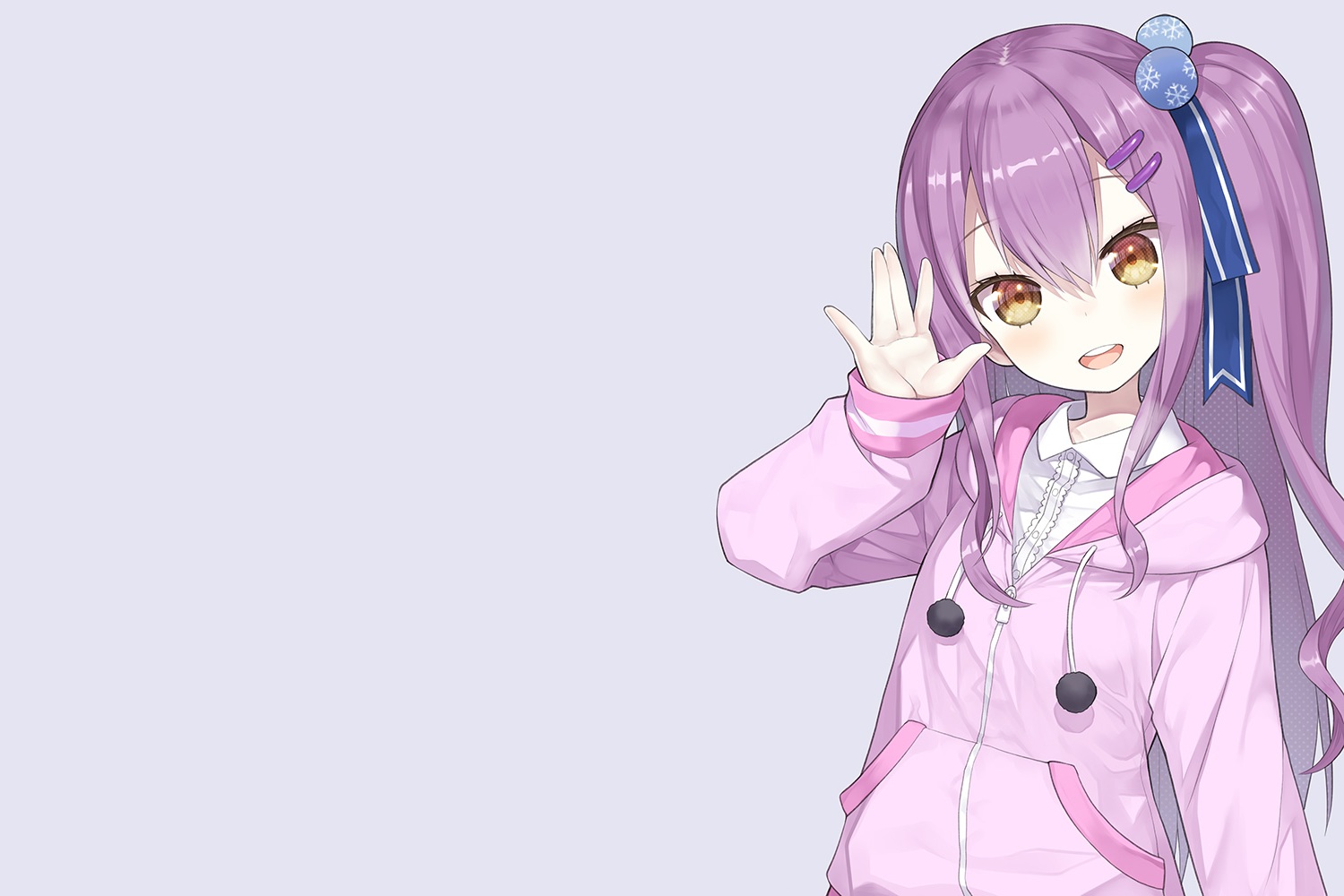 anzu_channel, brown_eyes, capriccio, gray, hinomori_anzu, hood, long_hair, ponytail, purple_hair, ribbons, shirt, third-party_edit
