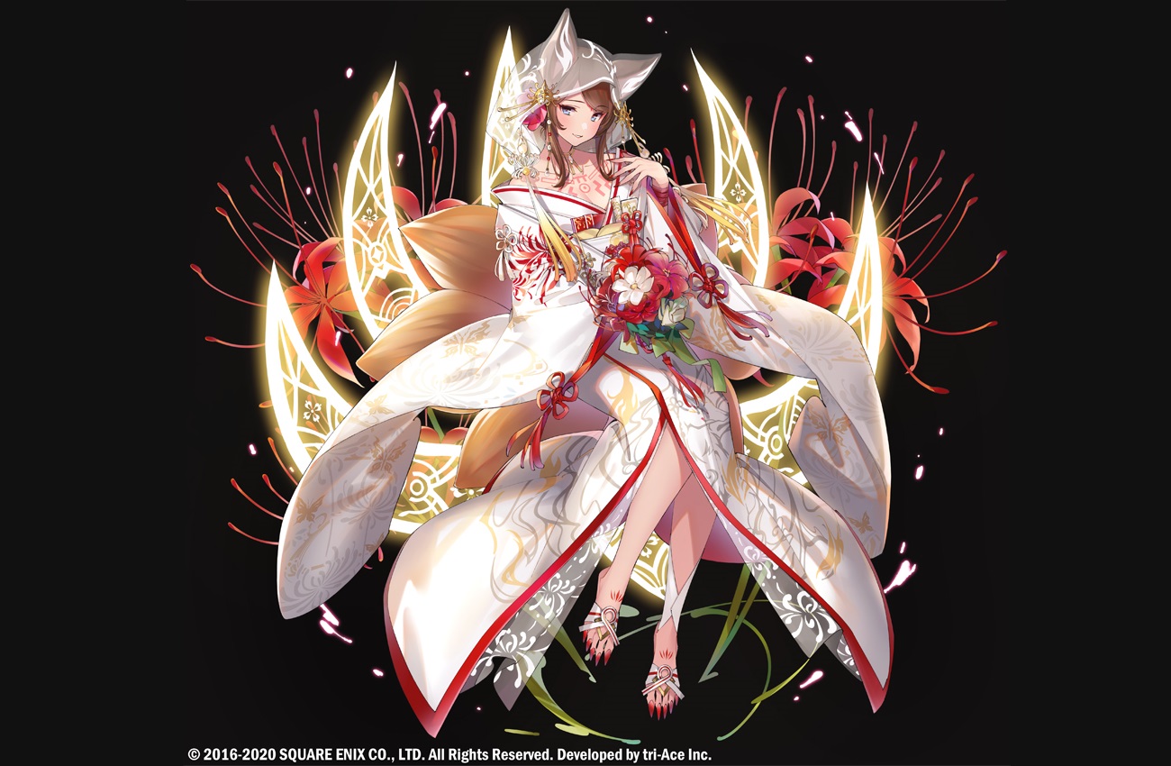 animal_ears, barefoot, black, blue_eyes, brown_hair, caleen_keemosn, flowers, foxgirl, hood, japanese_clothes, kimono, magic, multiple_tails, popqn, square_enix, star_ocean, star_ocean:_anamnesis, tail, tattoo, wedding_attire