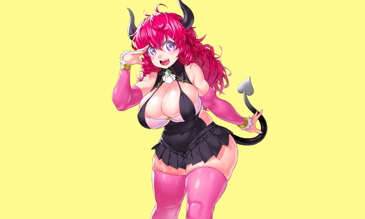 alma_(onsoku_inu), blush, breasts, cleavage, cropped, demon, dress, fang, horns, long_hair, onsoku_inu, original, purple_eyes, red_hair, skintight, tail, thighhighs, yellow