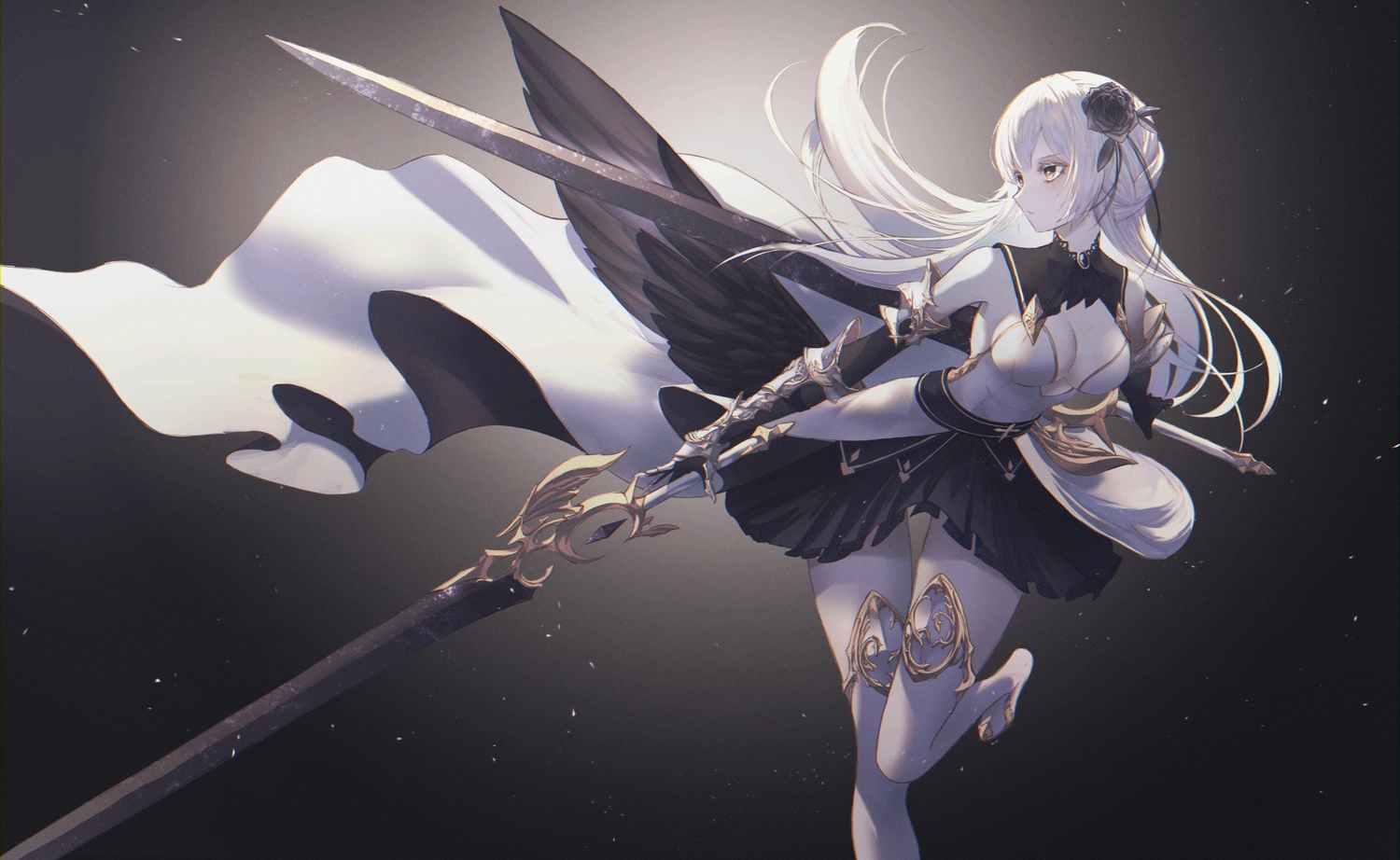 armor, breasts, cleavage, dress, elbow_gloves, gloves, gradient, long_hair, neon_(pixiv_31150749), original, sword, thighhighs, weapon, white_hair, wings, yellow_eyes
