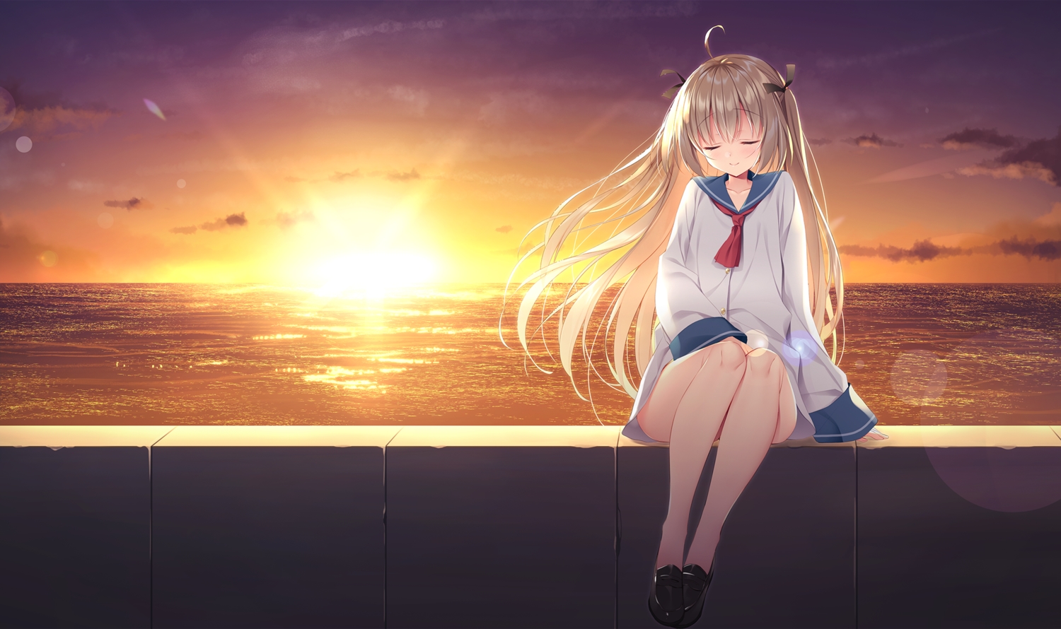 atri_(atri_-my_dear_moments-), atri_-my_dear_moments-, brown_hair, clouds, dress, long_hair, scenic, school_uniform, sky, sunset, twintails, water, yatanukikey