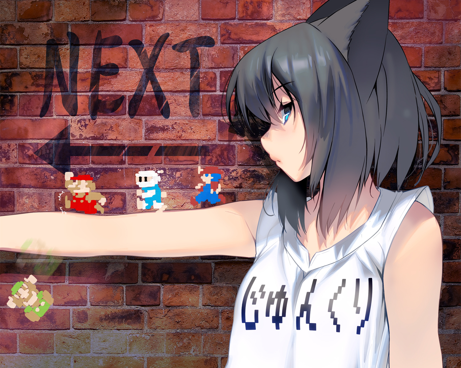 animal_ears, aqua_eyes, black_hair, bomberman, catgirl, close, cropped, graffiti, masao, original, short_hair, super_mario, wrecking_crew