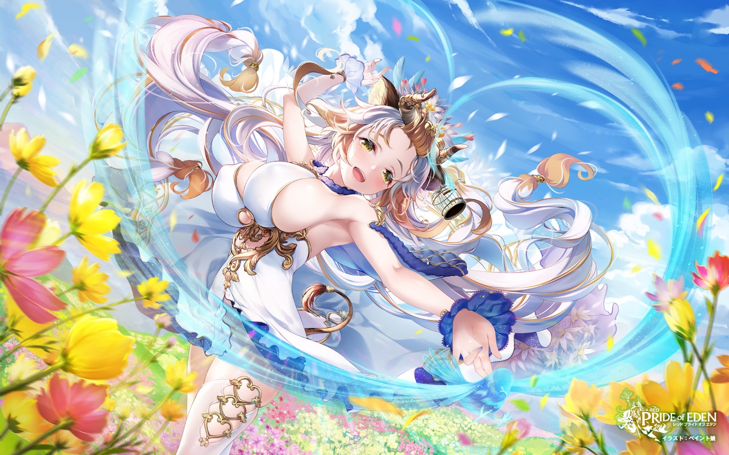 animal, animal_ears, bird, breasts, cape, clouds, cowgirl, dress, erect_nipples, flower_(red:_pride_of_eden), flowers, horns, logo, long_hair, magic, paintmusume, petals, red:_pride_of_eden, sideboob, skirt_lift, sky, tail, thighhighs, water, wristwear, yellow_eyes