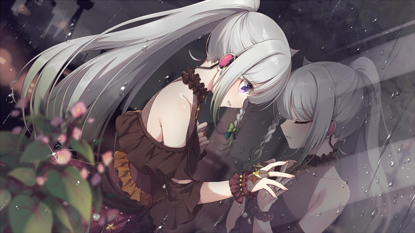 braids, gloves, gray_hair, indie_virtual_youtuber, kozakura_(dictionary), long_hair, mirror, ponytail, purple_eyes, rain, reflection, water, yuni_(vtuber)