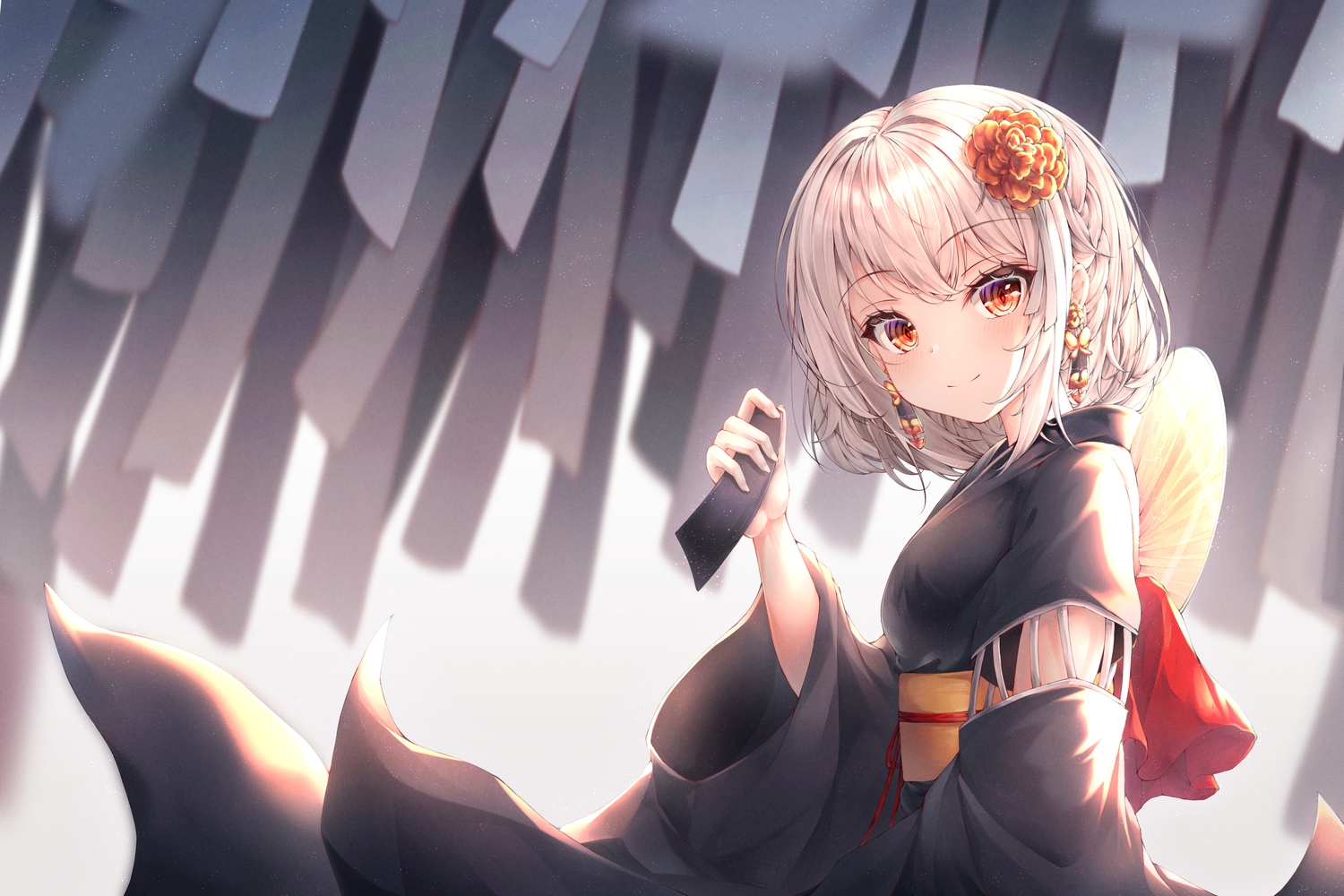 anthropomorphism, azur_lane, braids, fan, ichizon, japanese_clothes, red_eyes, sirius_(azur_lane), white_hair