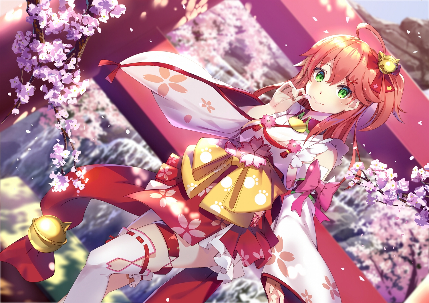 bell, cherry_blossoms, flowers, green_eyes, hololive, japanese_clothes, miko, petals